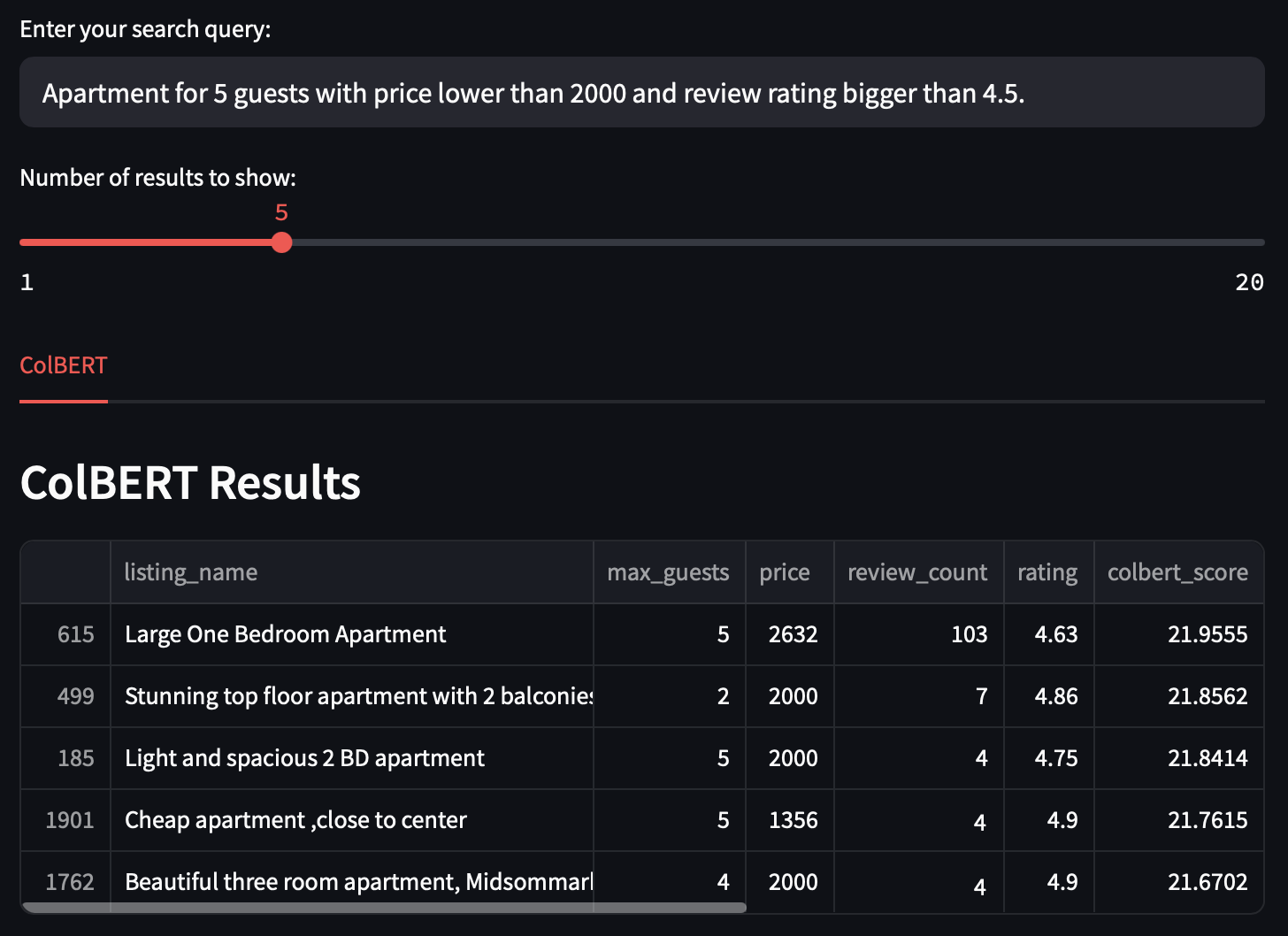 ColBERT result on structured query