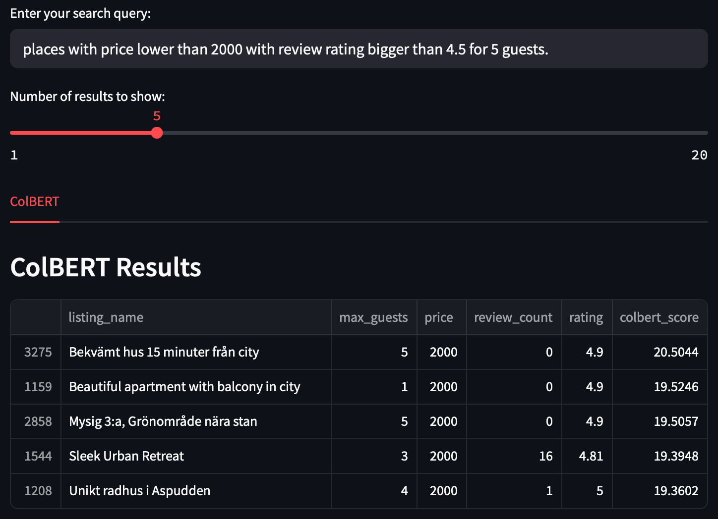 ColBERT result on structured query 2